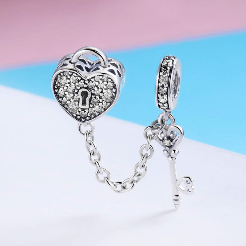 WOSTU 925 Sterling Silver Charms for Bracelets Key Love Heart Cubic Zirconia Bead Charm for Women - Image 5
